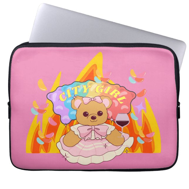 Mikitiez summer teddy bear jelly red wine fire laptop sleeve (Front)