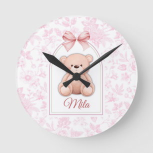 Mila   Custom Pink Teddy Bear Nursery Design  Round Clock