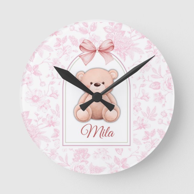 Mila | Custom Pink Teddy Bear Nursery Design  Round Clock (Front)