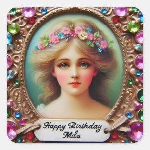 MILA ~ HAPPY BIRTHDAY ~ Vintage Girl ~ Square Sticker