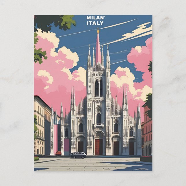 Milan Italy Travel Art – Duomo Cathedral City  Postcard (Front)