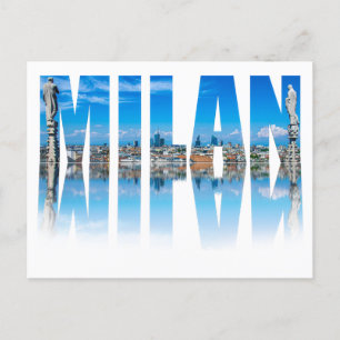 Milan label composed of Milan skyline in Italy Holiday Postcard