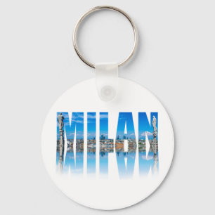 Milan label composed of Milan skyline in Italy Keychain