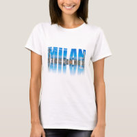 Milan label composed of Milan skyline in Italy