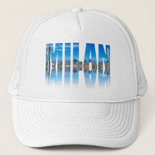 Milan label composed of Milan skyline in Italy Trucker Hat