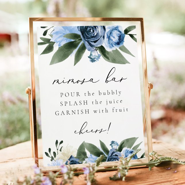 MILENA Dusty Blue Navy Floral Mimosa Bar Sign (Creator Uploaded)