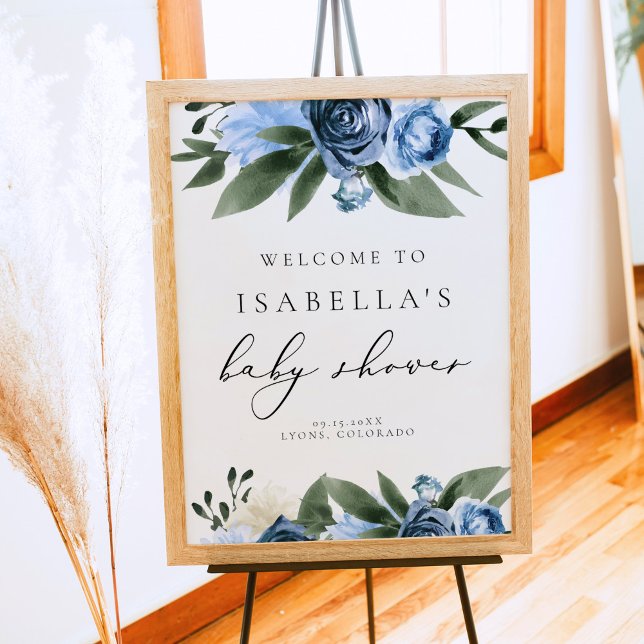 MILENA Dusty Blue Slate Floral Baby Shower Welcome Poster (Creator Uploaded)