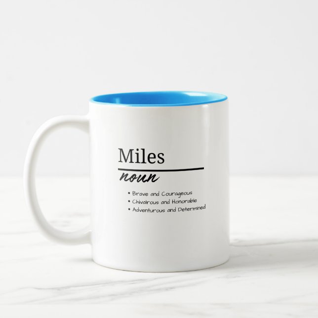 Miles, Boy Personalized Name Definition Two-Tone Coffee Mug (Left)