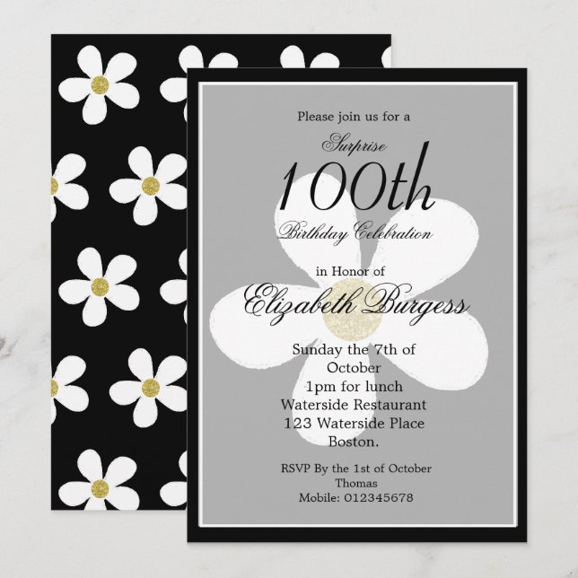 Milestone Birthday Black White Daisy Gold Elegant Invitation (Front/Back)