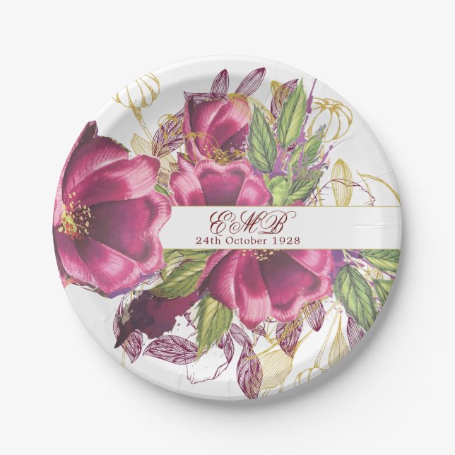 Milestone Birthday Burgundy Floral Elegant Chic Paper Plate (Front)