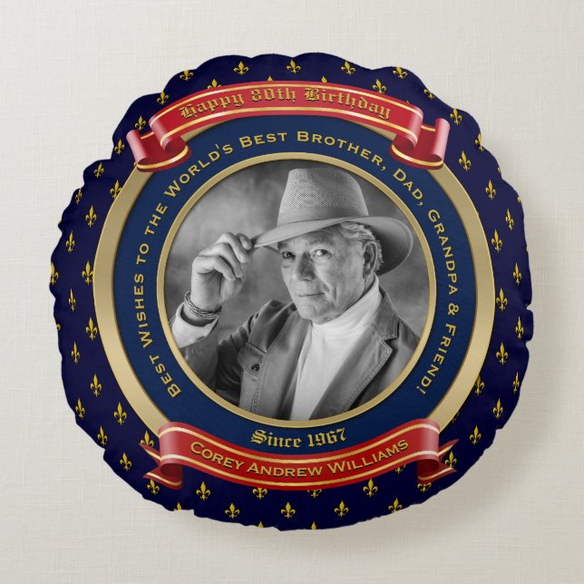 Milestone Birthday Gold Photo 80th Eighty Blue Red Round Pillow (Front)