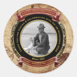 Milestone Birthday Gold Photo Vintage Map 90th Classic Round Sticker