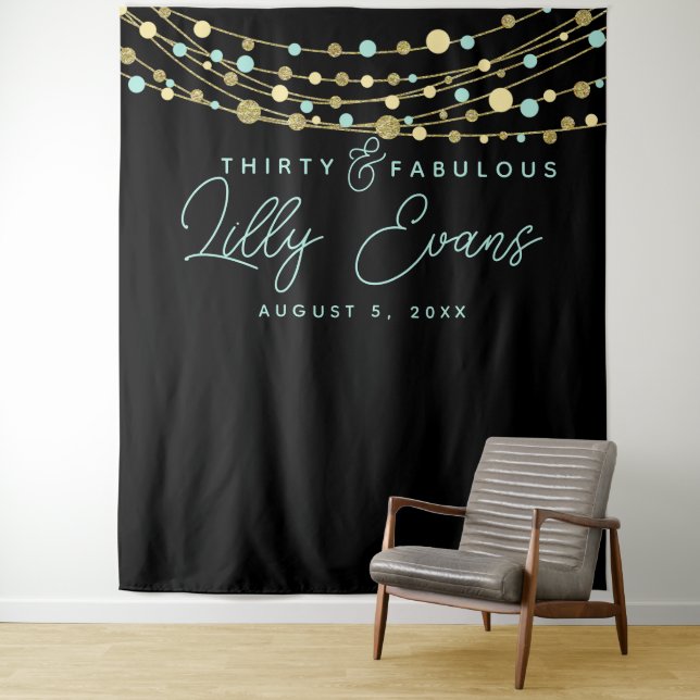 milestone birthday party banner teal and gold tapestry (In Situ)