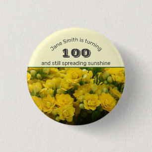 Milestone Birthday Yellow Floral 100th Celebration 1 Inch Round Button