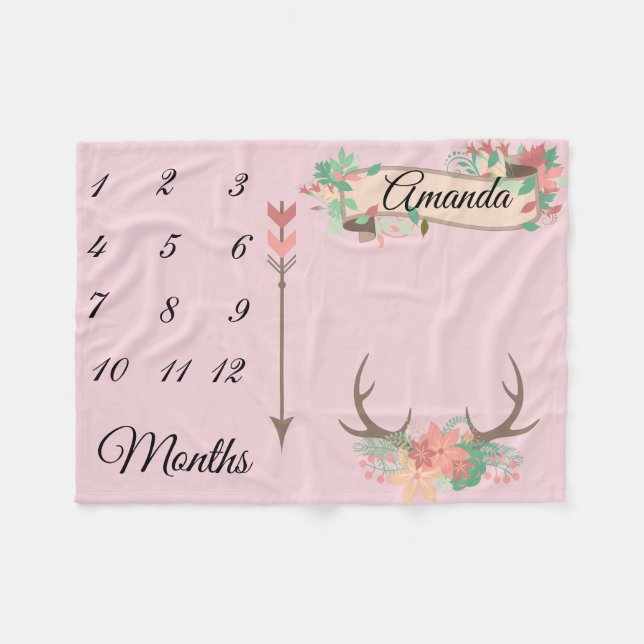 Milestone Chic Antler Arrow Flowers Baby Keepsake Fleece Blanket (Front (Horizontal))