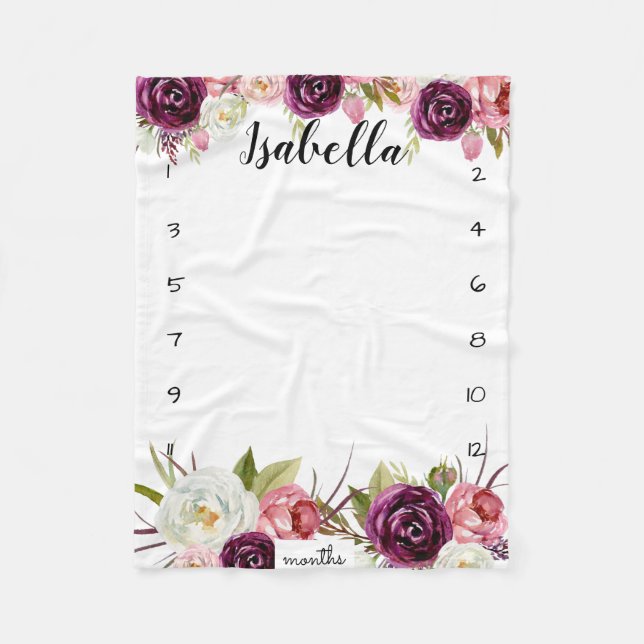 Milestone growth tracker watercolor pink flowers fleece blanket (Front)
