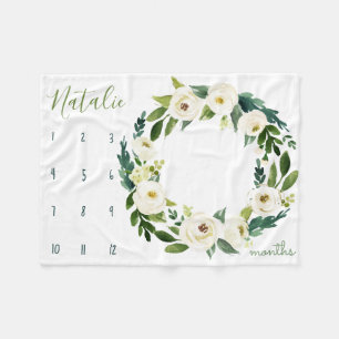 Milestone growth tracker - White and green blooms Fleece Blanket