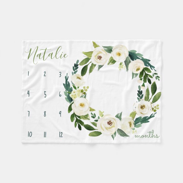 Milestone growth tracker - White and green blooms Fleece Blanket (Front (Horizontal))
