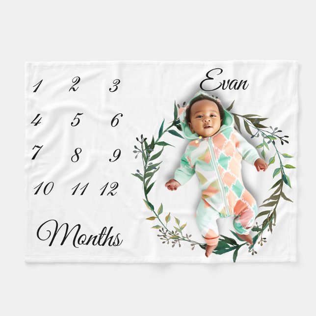 Milestone Simple Watercolor Leaf Wreath Keepsake Fleece Blanket (Creator Uploaded)