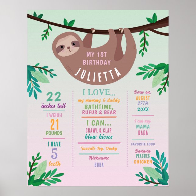 Milestone Sloth Poster Girls 1er Pink Jungle (Devant)