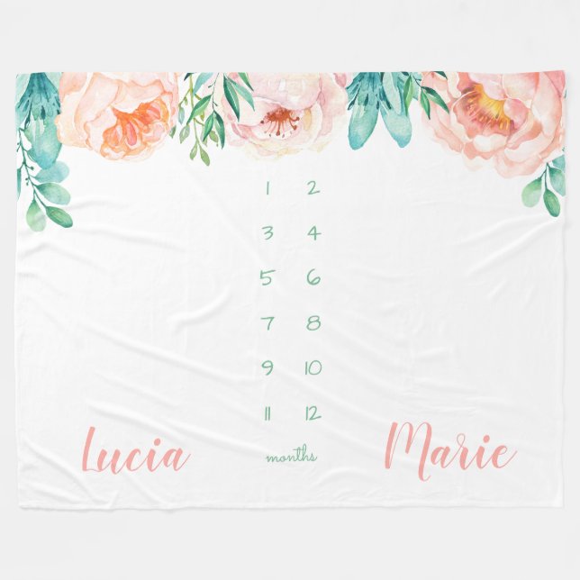 Milestone twin baby girl watercolor flowers peach fleece blanket (Front (Horizontal))