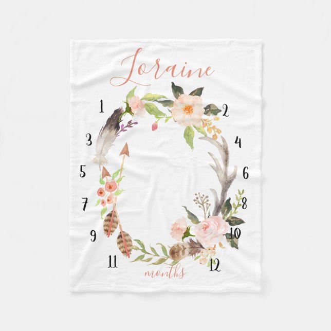 Milestone watercolor tracker, boho watercolor fleece blanket (Front)