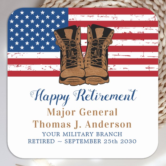 Military Army American Flag Boots Retirement Party Square Sticker (Creator Uploaded)