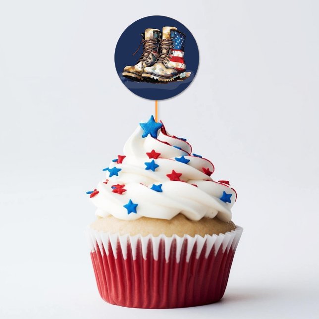 Military Boots US Flag BLUE Going Away Party Picks Classic Round Sticker (Navy blue patriotic watercolor US flag combat boots military going away party cupcake pick stickers)