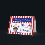 Military Brother Birthday Card<br><div class="desc">This Patriotic Birthday Card will make your military Brother smile. This colourful card features a red and white striped background, chocolate cupcake with stars, American Flags, a flag heart and a candle, red, white & blue stars, a dog tag embossed with "USA" and a blue banner with the text "Happy...</div>