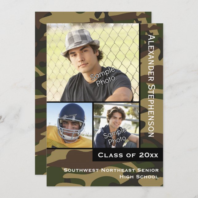 Military Camo Green 3 Photo Graduation Invitation (Front/Back)