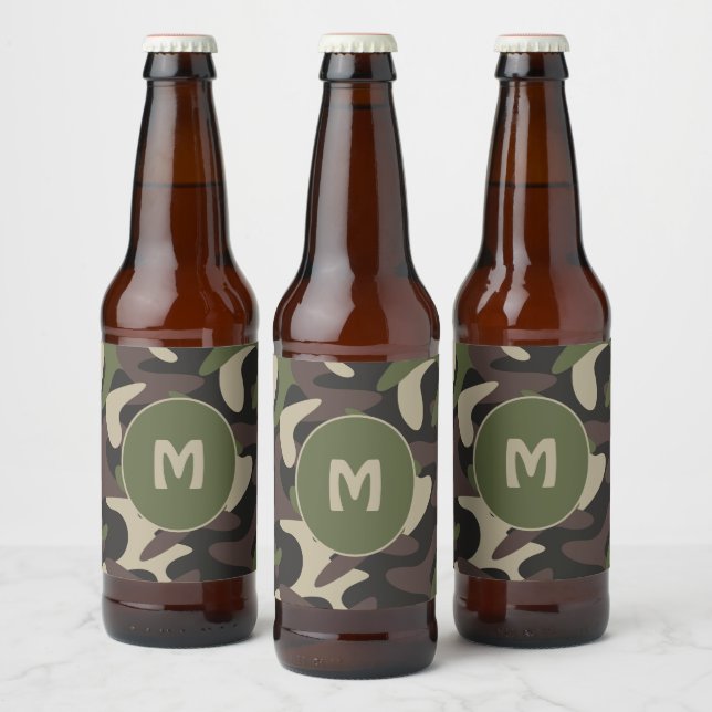 Military Camouflage Green Brown Pattern Monogram  Beer Bottle Label (Bottles)