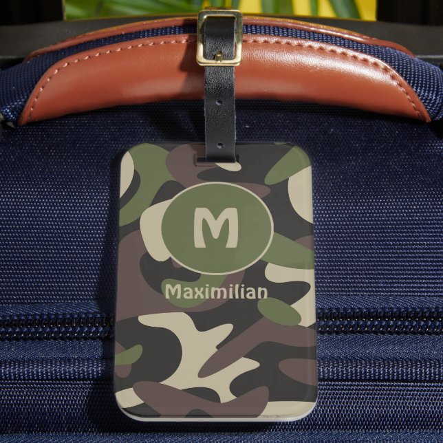 Military Camouflage Green Brown Pattern Monogram Luggage Tag (Front Insitu 2)