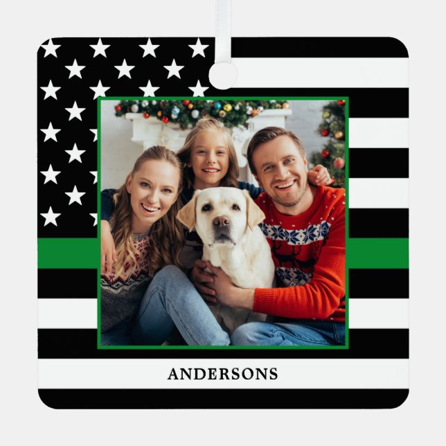 Military Christmas Custom Photo Thin Green Line  Metal Ornament (Front)