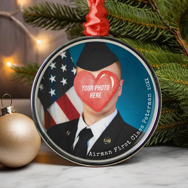 Military Christmas Gift Airman Photo Soldier Name Metal Ornament (Airman, Soldier, Marine, Sailor, Seabee, Guardian, Patriotic USA Flag Military Mom Christmas gift)