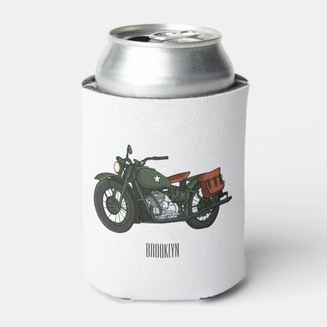 Military cruiser motorcycle cartoon illustration can cooler (Can Front)