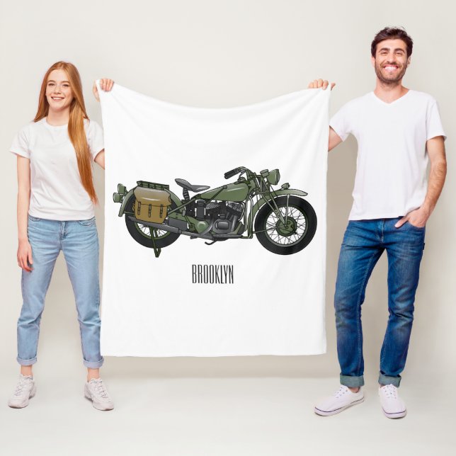 Military cruiser motorcycle cartoon illustration fleece blanket (In Situ)