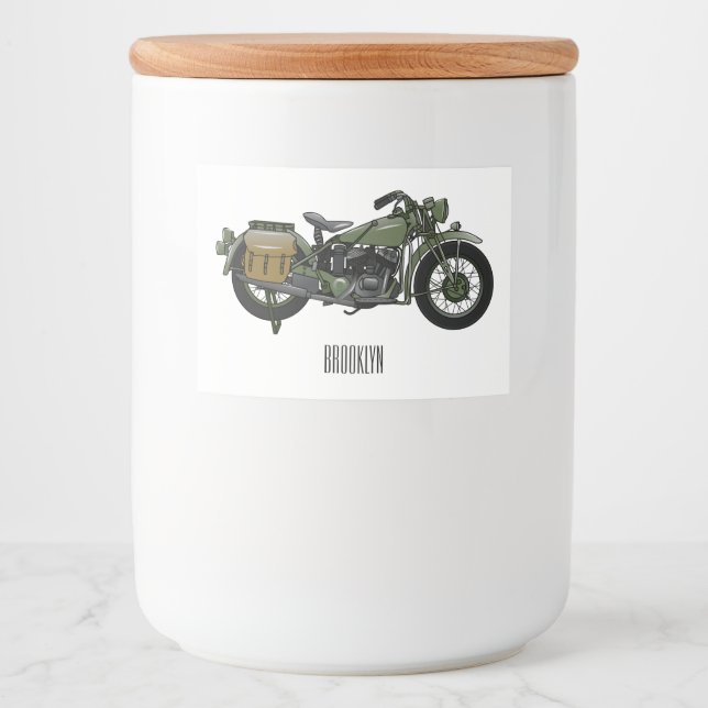 Military cruiser motorcycle cartoon illustration food label (Front)