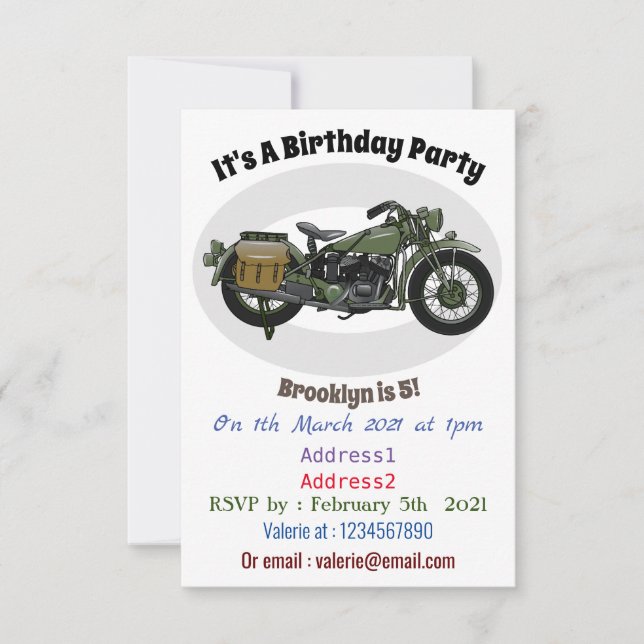 Military cruiser motorcycle cartoon illustration invitation (Front)