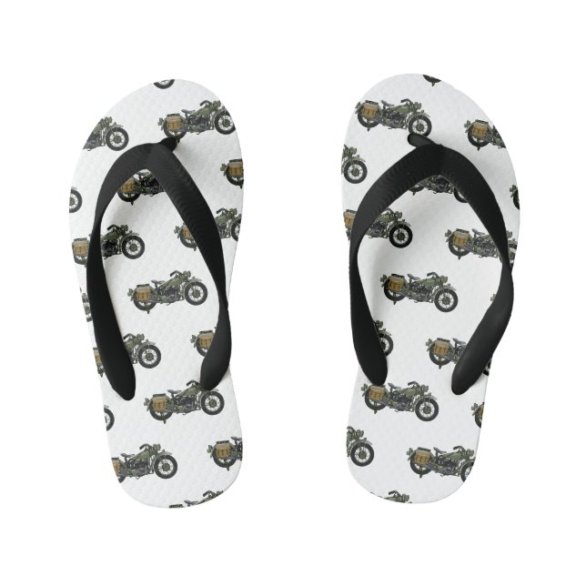 Military cruiser motorcycle cartoon illustration kid's flip flops (Footbed)