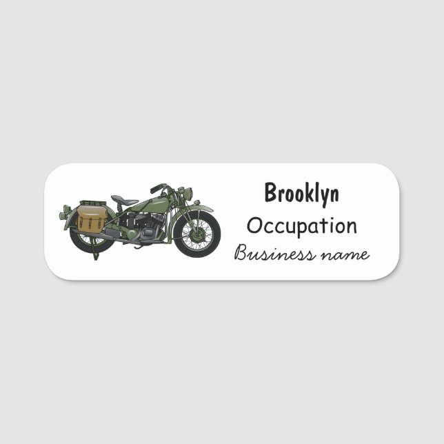 Military cruiser motorcycle cartoon illustration name tag (Front)