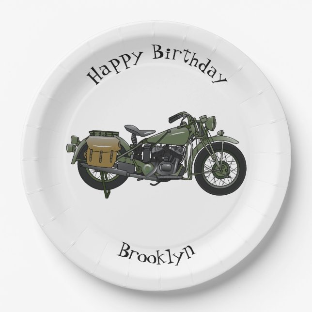 Military cruiser motorcycle cartoon illustration paper plate (Front)