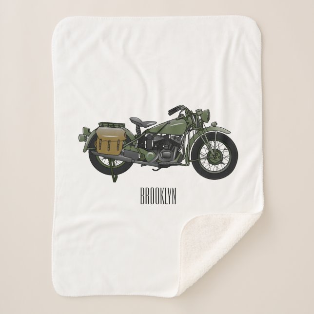Military cruiser motorcycle cartoon illustration sherpa blanket (Front)