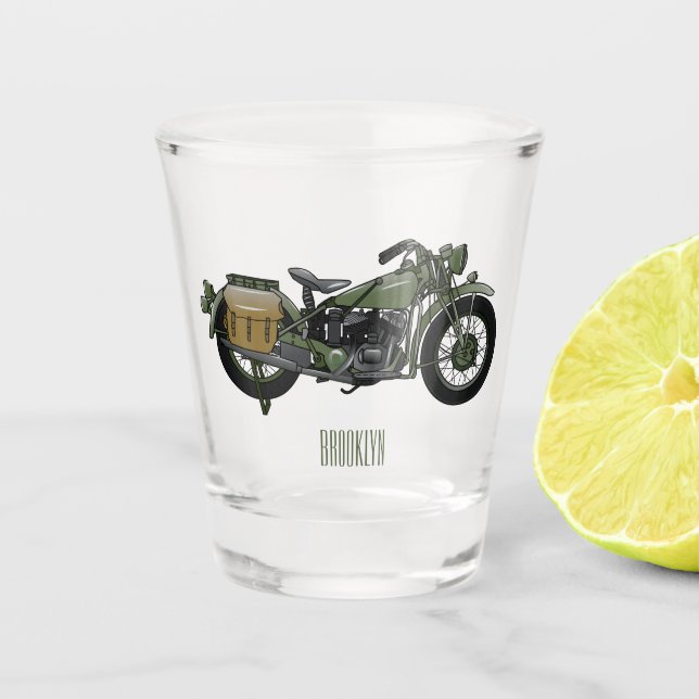 Military cruiser motorcycle cartoon illustration shot glass (Front)