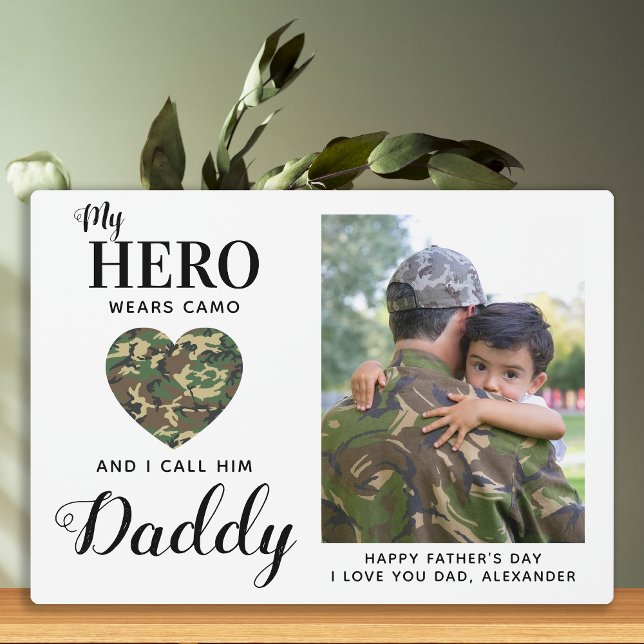 Military Dad My Hero Wears Camo Fathers Day Photo Plaque (Creator Uploaded)