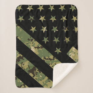 Military Digital Camouflage US Flag Sherpa Blanket