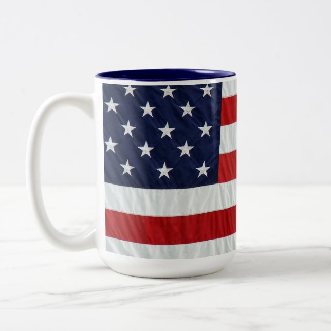 Military Dog Tags On American Flag Two-Tone Coffee Mug (Left)