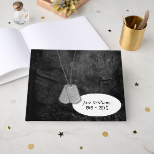 Military Dog Tags on Worn Black Leather Guest Book