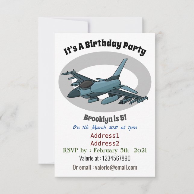 Military fighter jet plane cartoon invitation (Front)