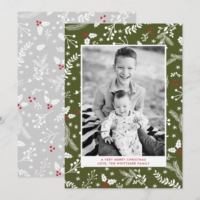 Military Green Berries Christmas Holiday Flat Card (Front/Back)