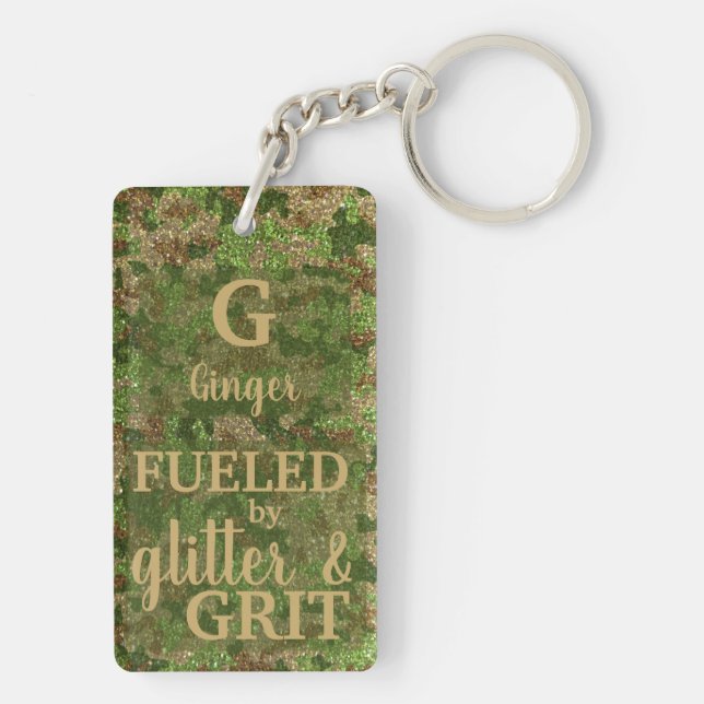Military Green Camouflage Glitter Camo Name Keychain (Back)